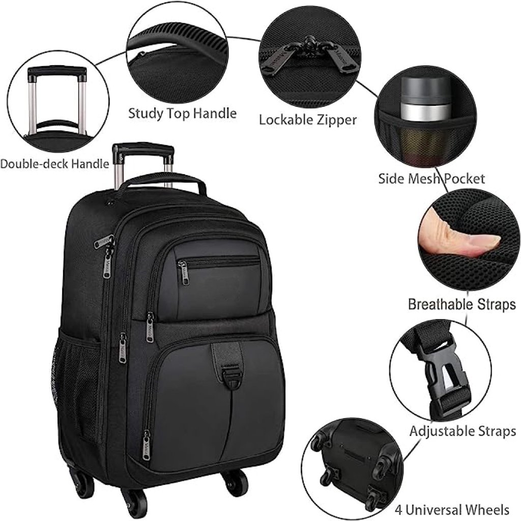 Rolling Backpack with 4 Wheels 17 inch Travel Laptop Backpack Large Wheeled Backpacks Water Resistant Luggage Suitcase Bag