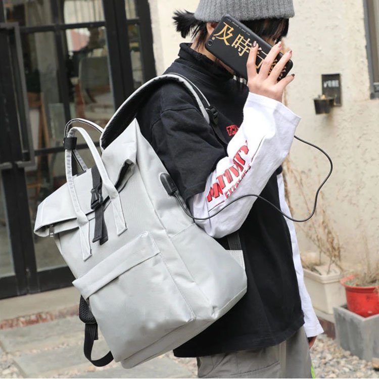 White mens travel backpack bags expendabled roll top rucksack durable large college school book bags anti theft casual daypack