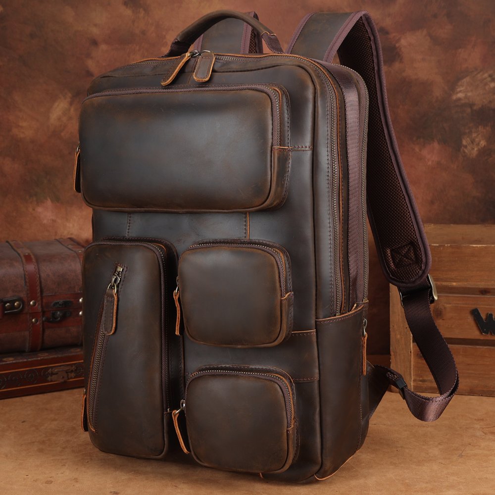 New Design Genuine Leather Men's Backpack Vintage Outdoor Crazy Horse Cowhide Laptop Backpack for Travelling Dropshipping