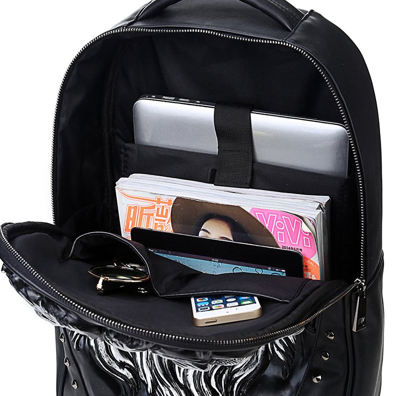 Street Punk Style 3D Lion Head PU Leather Outdoor Travel Backpack Cool Men's Backpack For Laptop 17 Inch