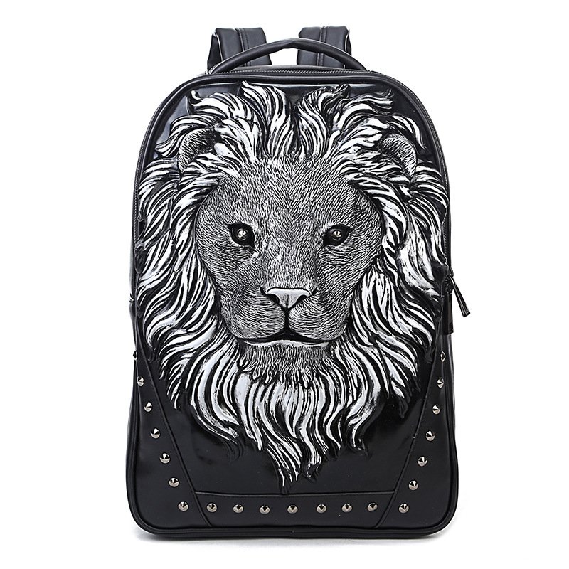 Street Punk Style 3D Lion Head PU Leather Outdoor Travel Backpack Cool Men's Backpack For Laptop 17 Inch