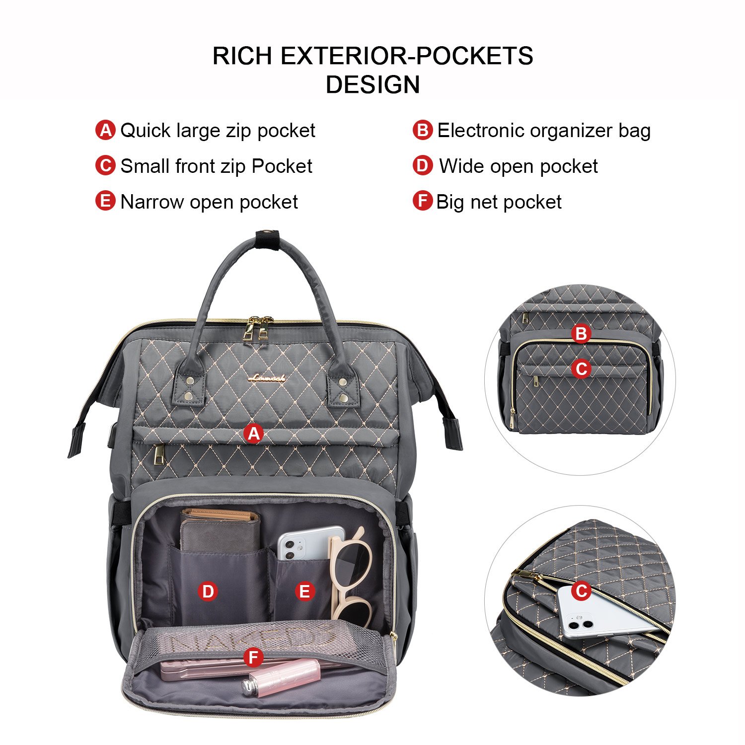 Discount Sale LOVEVOOK Quilted Nylon Elegant Ladies School Travel Backpack Waterproof 15.6 In Large Women's Laptop Backpacks