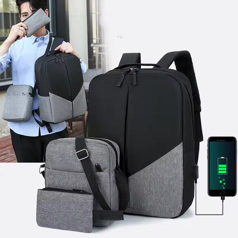 Factory USB 3-pieces set large capacity student school bags fashion trend sports travel bag men multi-function Laptop Backpack