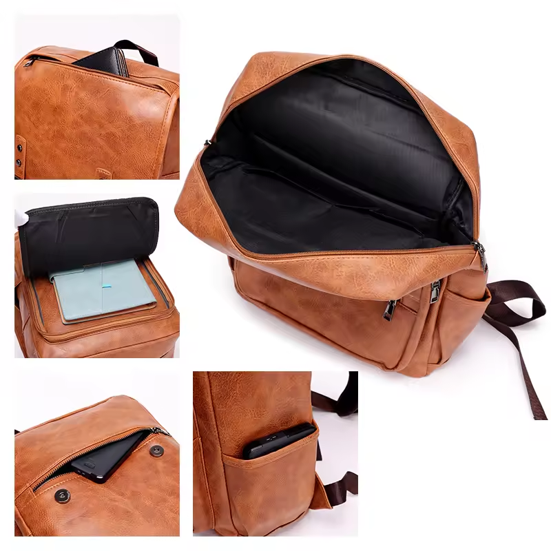 Super September Waterproof PU Leather Bag With USB Charging Bag High Quality Large Capacity Laptop Backpack For Men Women
