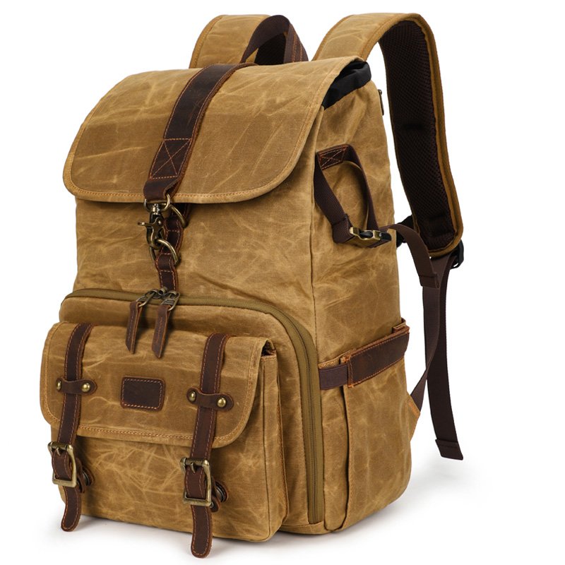 Vintage Waxed Canvas Leather Laptop Backpack Waterproof Outdoor Travel Adventure DSLR SLR Camera Backpack