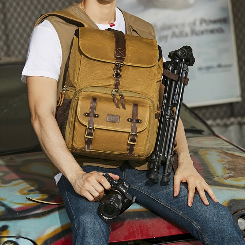 Vintage Waxed Canvas Leather Laptop Backpack Waterproof Outdoor Travel Adventure DSLR SLR Camera Backpack