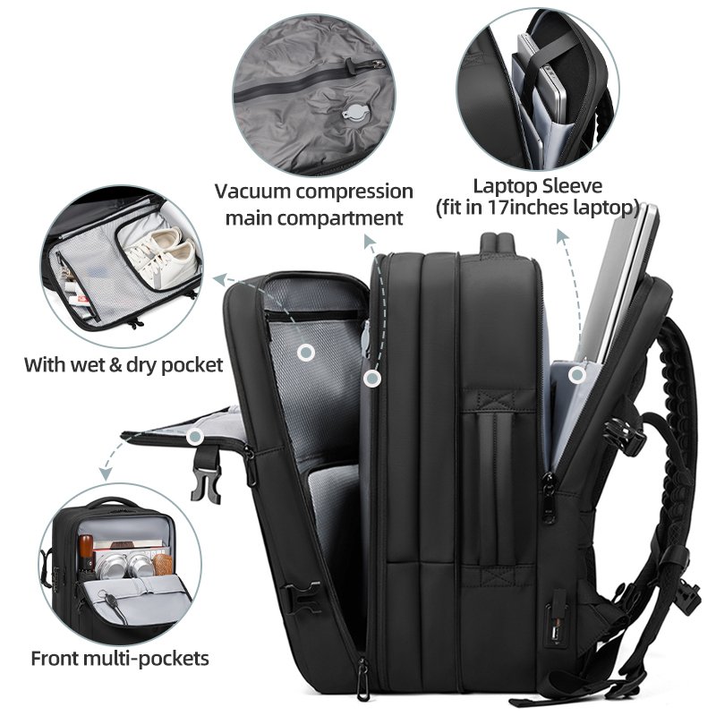 Expandable Vacuum Backpack with USB Charging Port Anti Theft Vacuum Airbag Waterproof Outdoor Travel Casual Women's Backpack