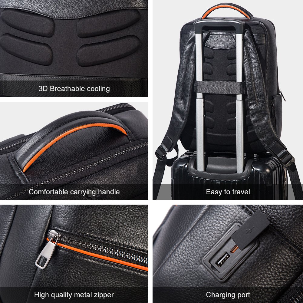 HUMERPAUL Custom Logo Laptop Backpack for Travel Genuine Leather Teen School Bag Business Work Daypack with USB Charging Port
