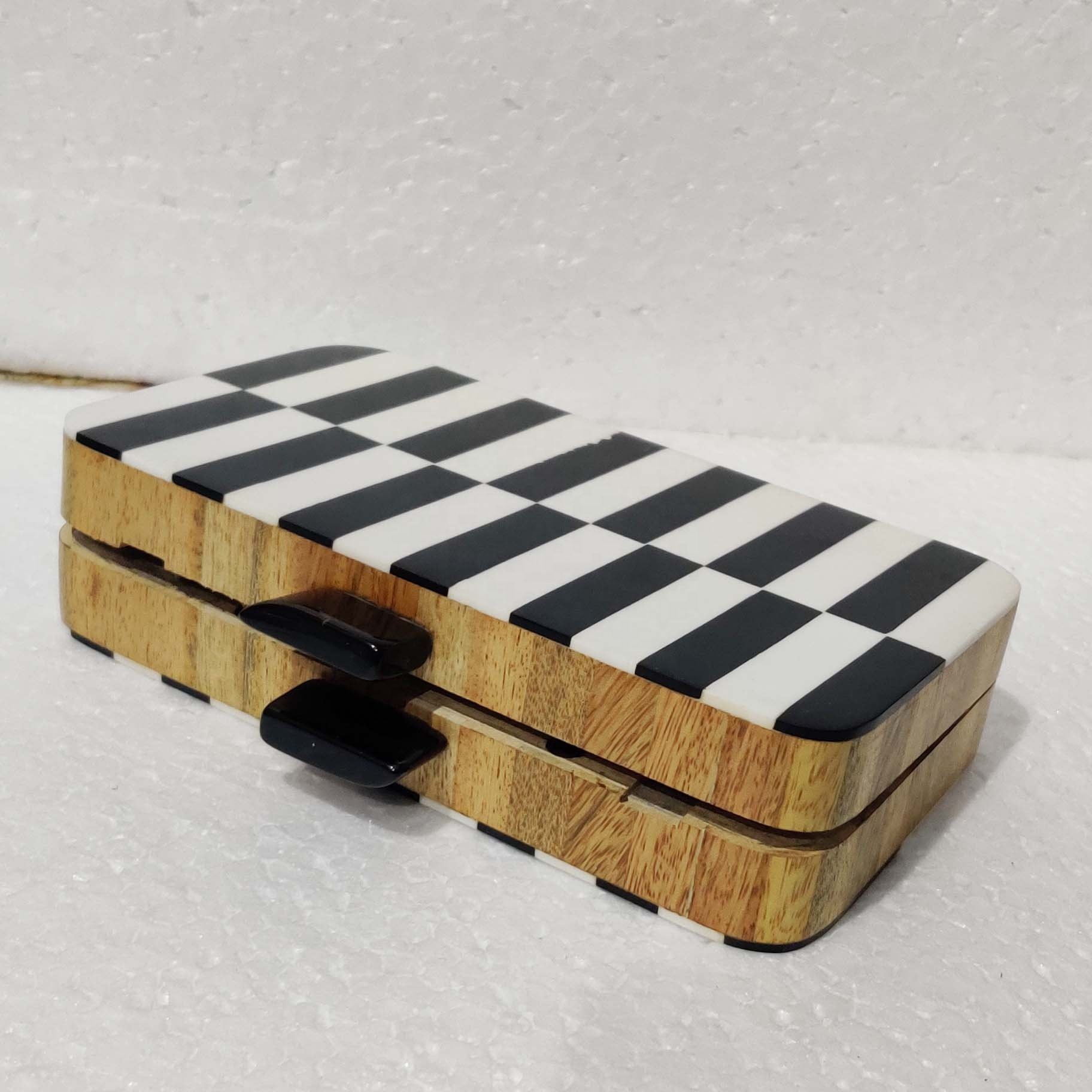Trendy Fashion Resin and Wood Clutch Bag Rectangle Black and White Strip Gold Plated Chain Sling Purse Box Handbag