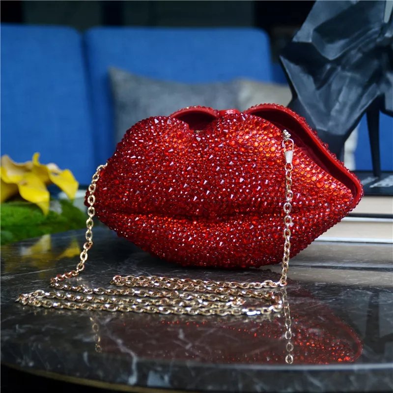 2022 Hot Sell New Crystal Bling Lip Shape Acrylic Box Rhinestone Diamonds Beaded Clutch Purse Evening Bags For Women