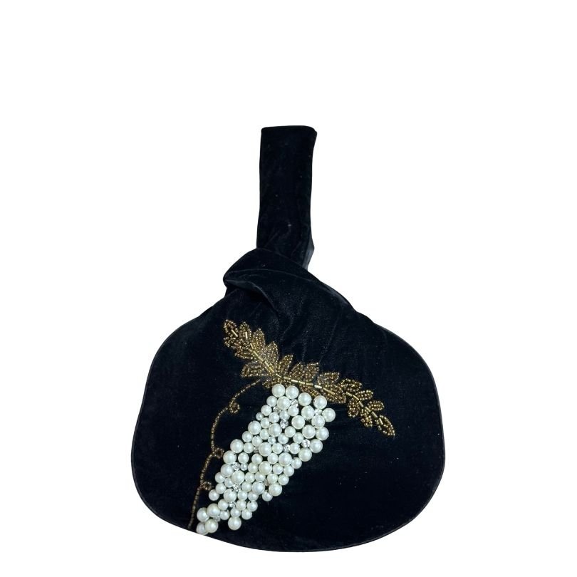 Designer Velvet High Quality Handheld Custom Evening Bags Potli Design with Gold Seed Bead and Pearls for Special Occasions