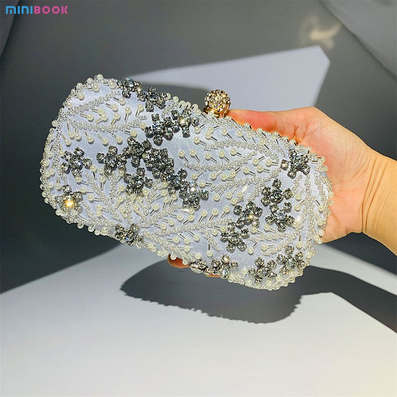2023 High Quality Rhinestone Women Clutch Evening Bag Pearl Shining Diamond Rectangle Hand Bag Ladies Wedding Handbag Purse
