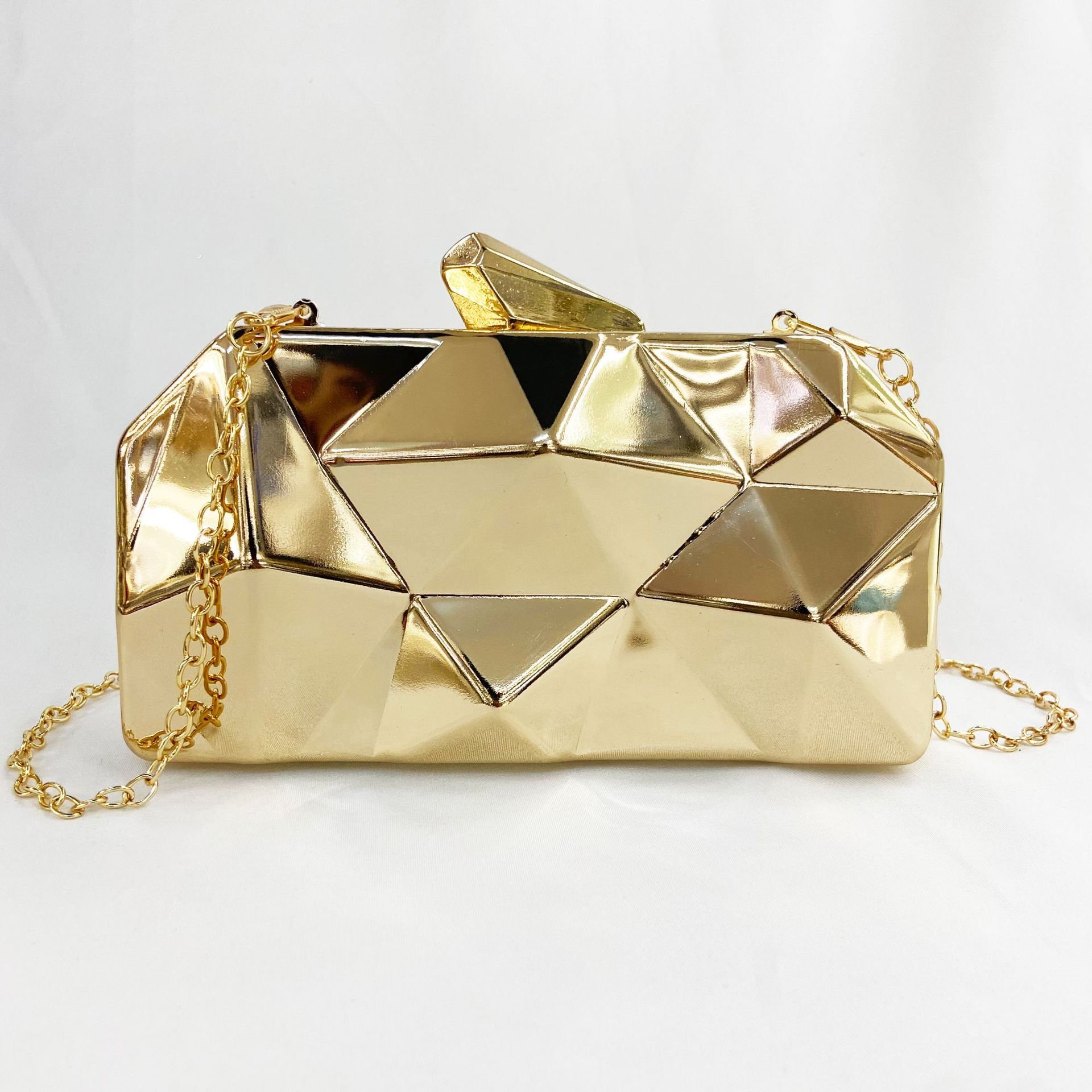 2022 New Metallic Evening Bag Solid Color Textive Handheld Banquet Bag Single Shoulder Golden Geometric Evening Bag