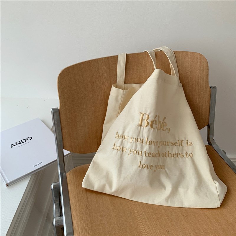 Bebe Letter Embroidered Canvas Bag Ins Korean Style Tote Bag Macarone Girl Shoulder Bag