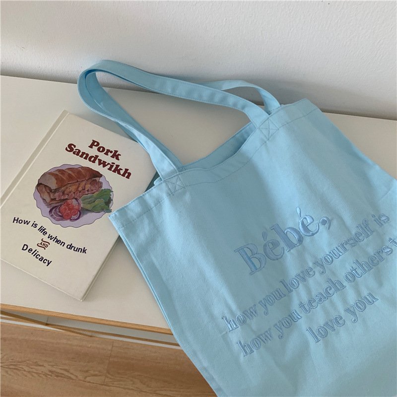 Bebe Letter Embroidered Canvas Bag Ins Korean Style Tote Bag Macarone Girl Shoulder Bag