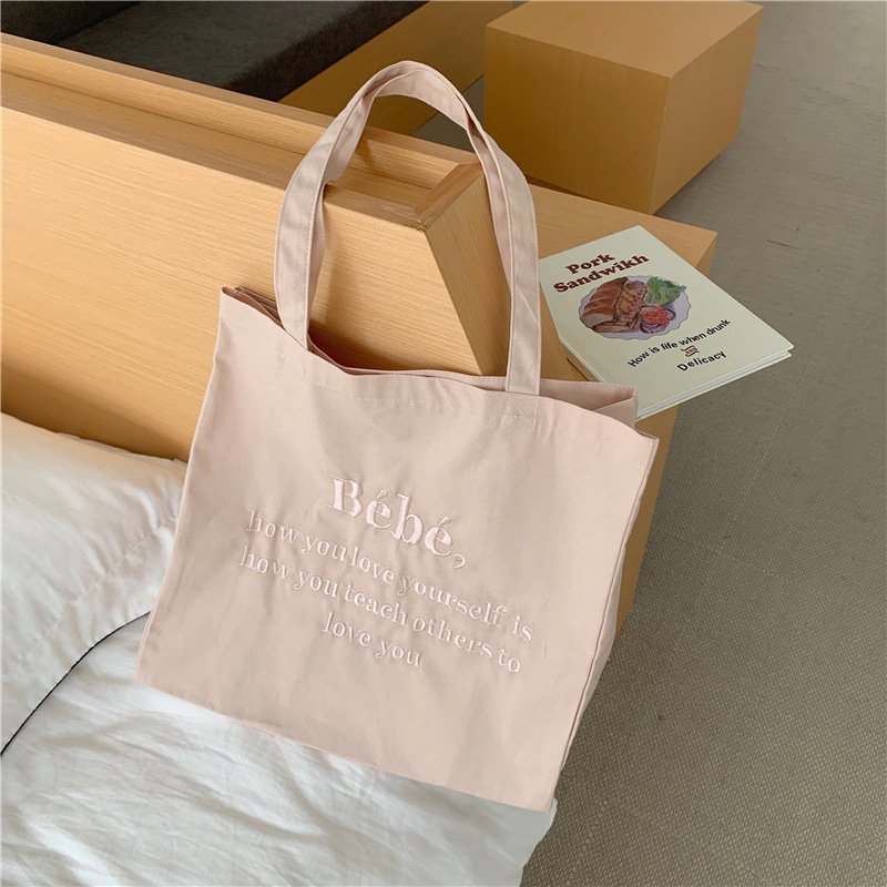 Bebe Letter Embroidered Canvas Bag Ins Korean Style Tote Bag Macarone Girl Shoulder Bag