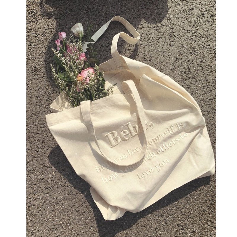 Bebe Letter Embroidered Canvas Bag Ins Korean Style Tote Bag Macarone Girl Shoulder Bag