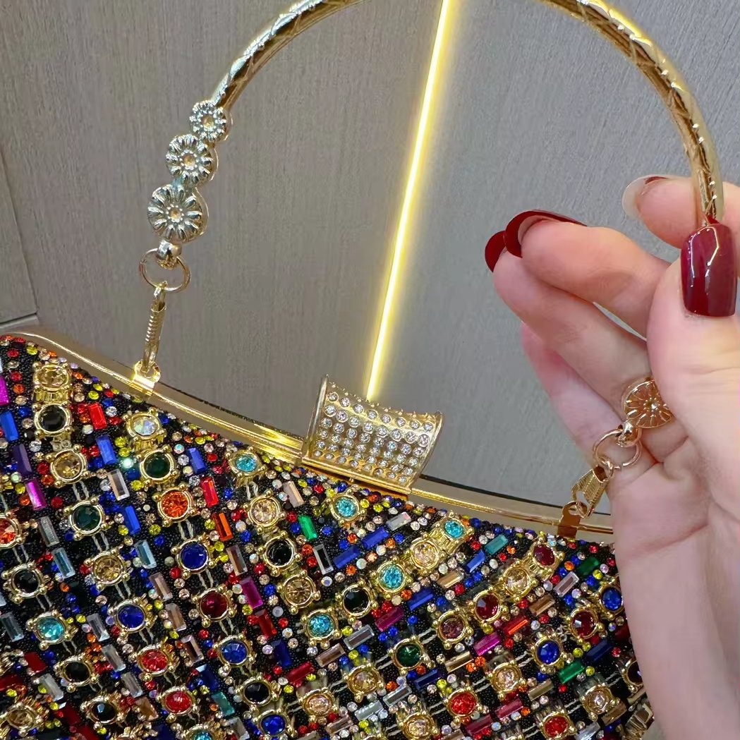 Luxury Retro Colorful Rhinestone Handbag Wedding Party Handmade Diamond Crossbody Evening Bag