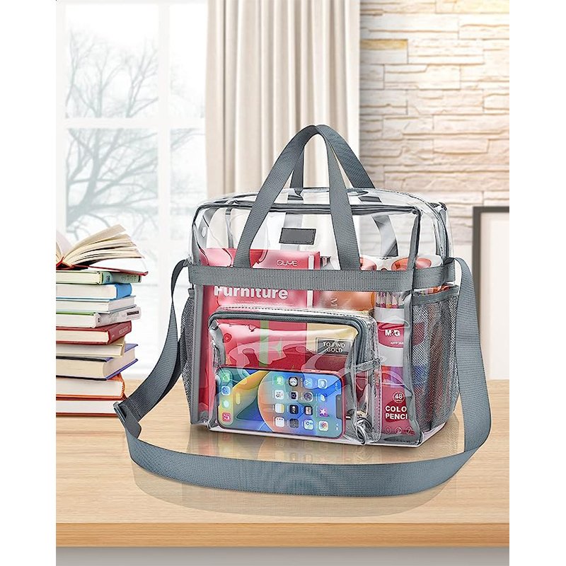 OEM ODM PVC Clear Tote Bag Stadium Approved See Through Lunch Bag with Front Pockets Transparent Totebag for Concerts Handbags