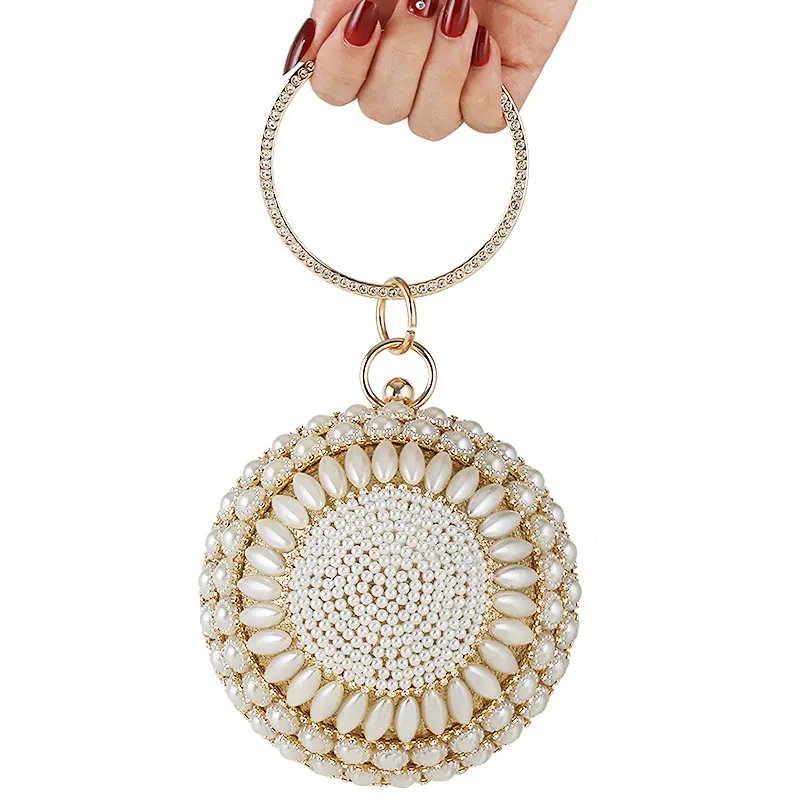 2023 New Elegant Clutches Bags Party Handbag Ladies Diamond Gold Pearl Beaded Round Ball Shaped Crystal Evening Bag