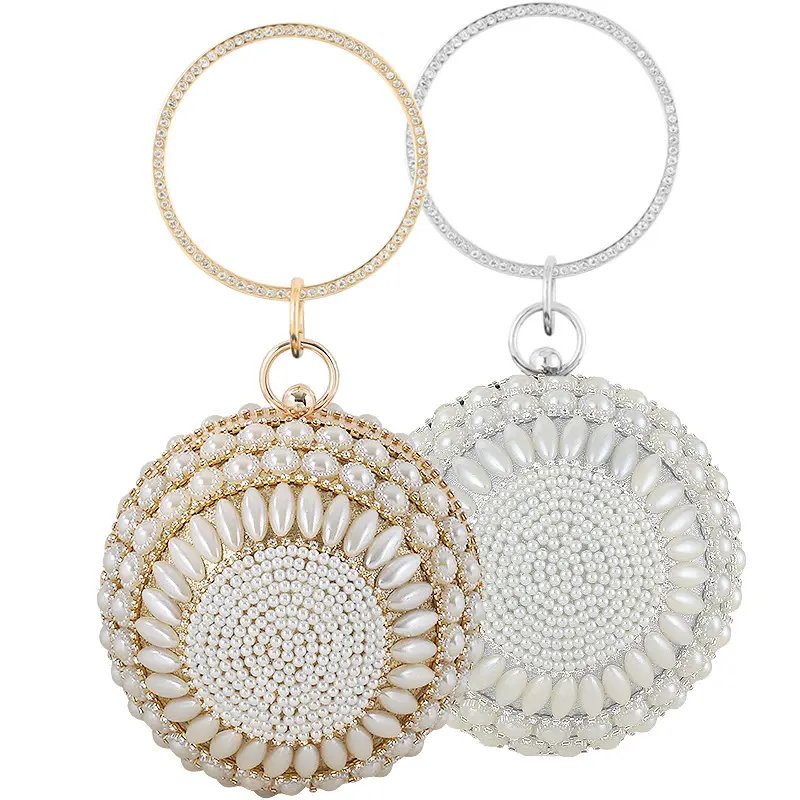 2023 New Elegant Clutches Bags Party Handbag Ladies Diamond Gold Pearl Beaded Round Ball Shaped Crystal Evening Bag