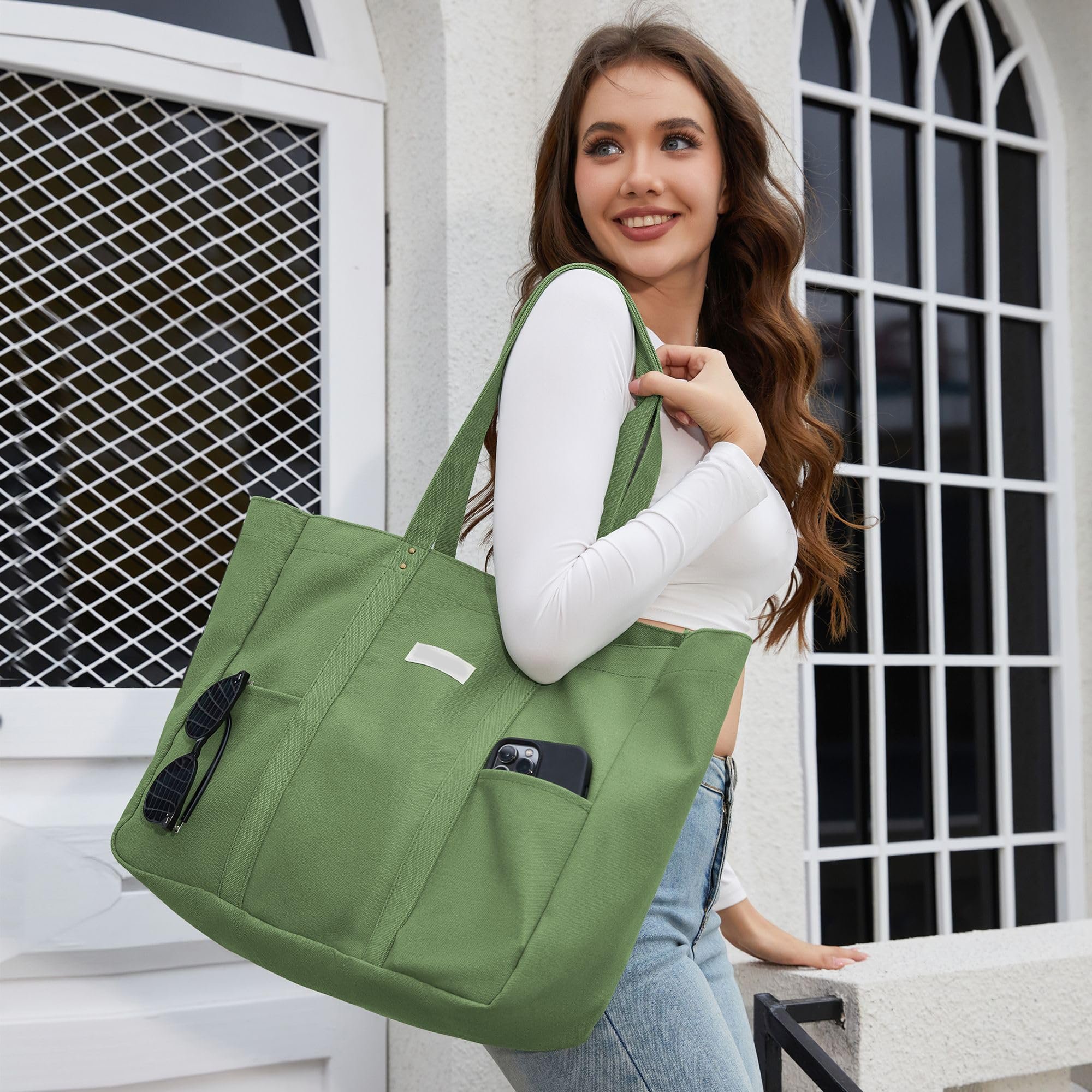 2024 Reusable shopping bag womens luxury handbags Large Canvas Tote Bag for Women Everything Bag with Pockets and Laptop Sleeve