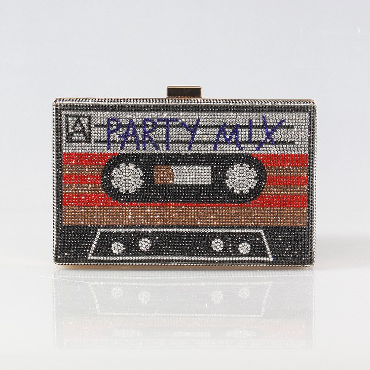 Fancy Cassette Tape Women's Party Clutch Purse Square Cases Rhinestone Diamond Glitter Bling Evening Bags For Wedding