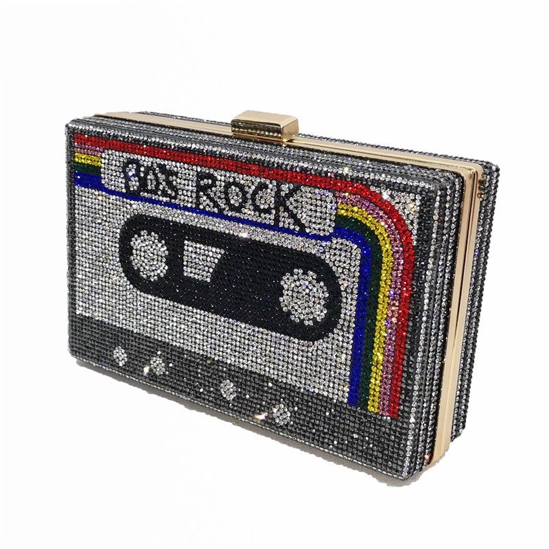 Fancy Cassette Tape Women's Party Clutch Purse Square Cases Rhinestone Diamond Glitter Bling Evening Bags For Wedding