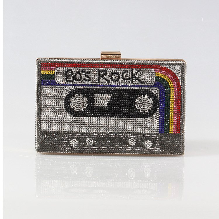 Fancy Cassette Tape Women's Party Clutch Purse Square Cases Rhinestone Diamond Glitter Bling Evening Bags For Wedding