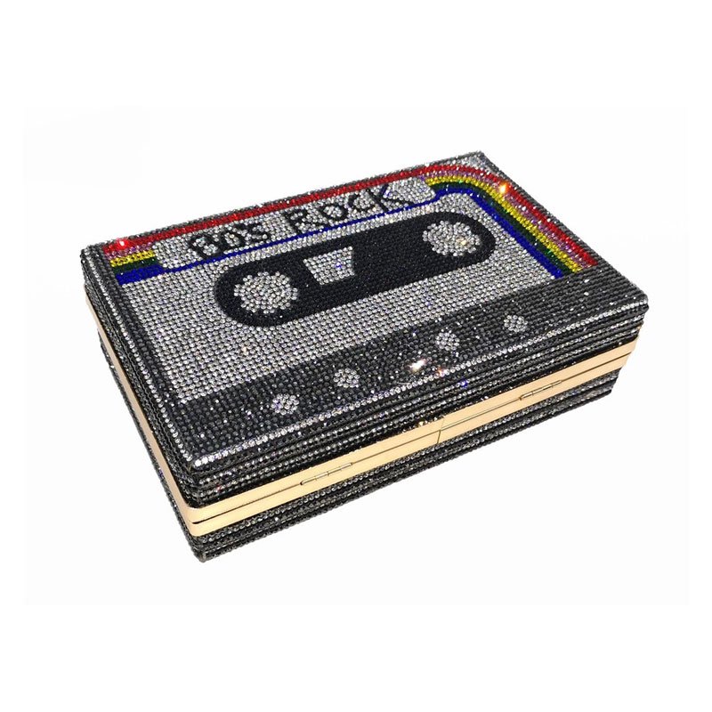 Fancy Cassette Tape Women's Party Clutch Purse Square Cases Rhinestone Diamond Glitter Bling Evening Bags For Wedding