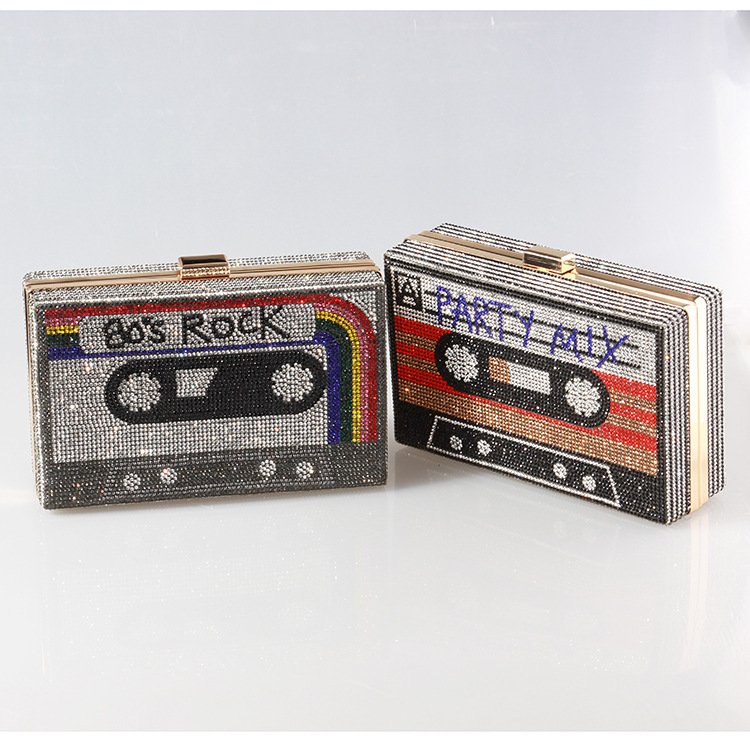 Fancy Cassette Tape Women's Party Clutch Purse Square Cases Rhinestone Diamond Glitter Bling Evening Bags For Wedding