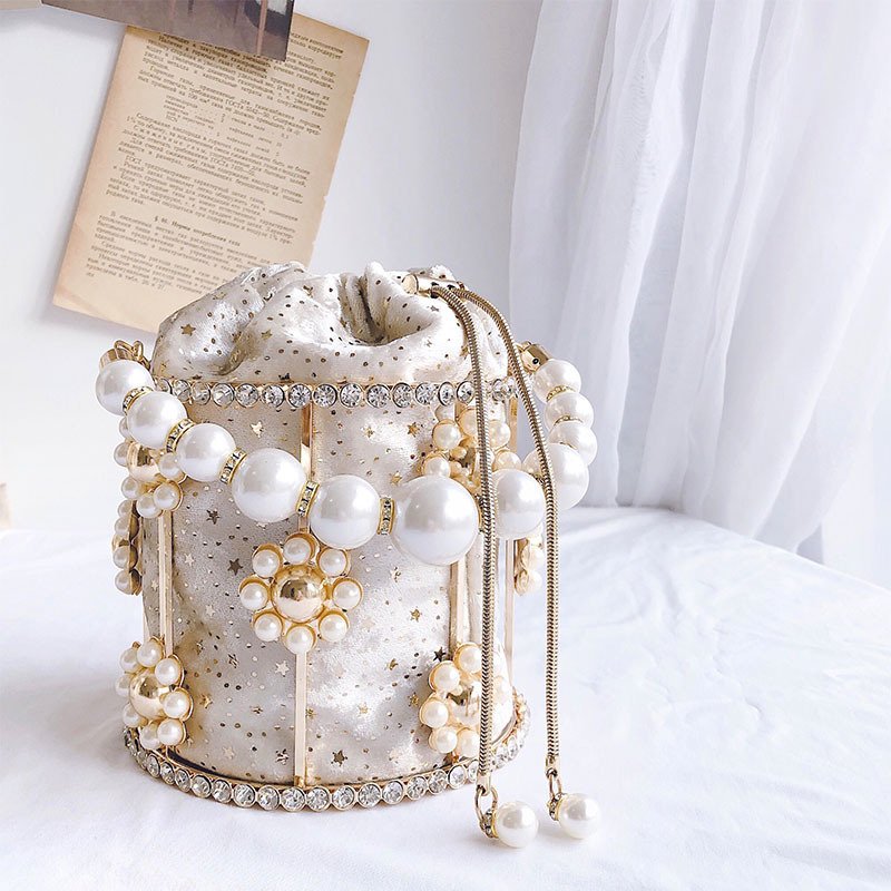French Celebrity Cute Fairy Evening Bags Gold Metal Pearl Bag Diamond Party Beaded Evening Bag