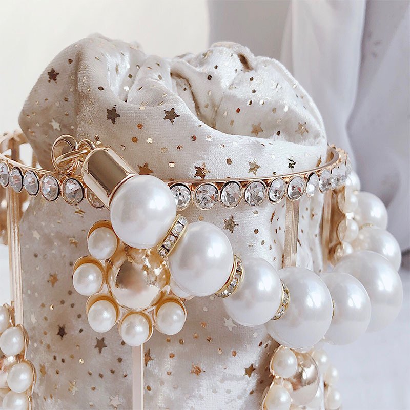French Celebrity Cute Fairy Evening Bags Gold Metal Pearl Bag Diamond Party Beaded Evening Bag