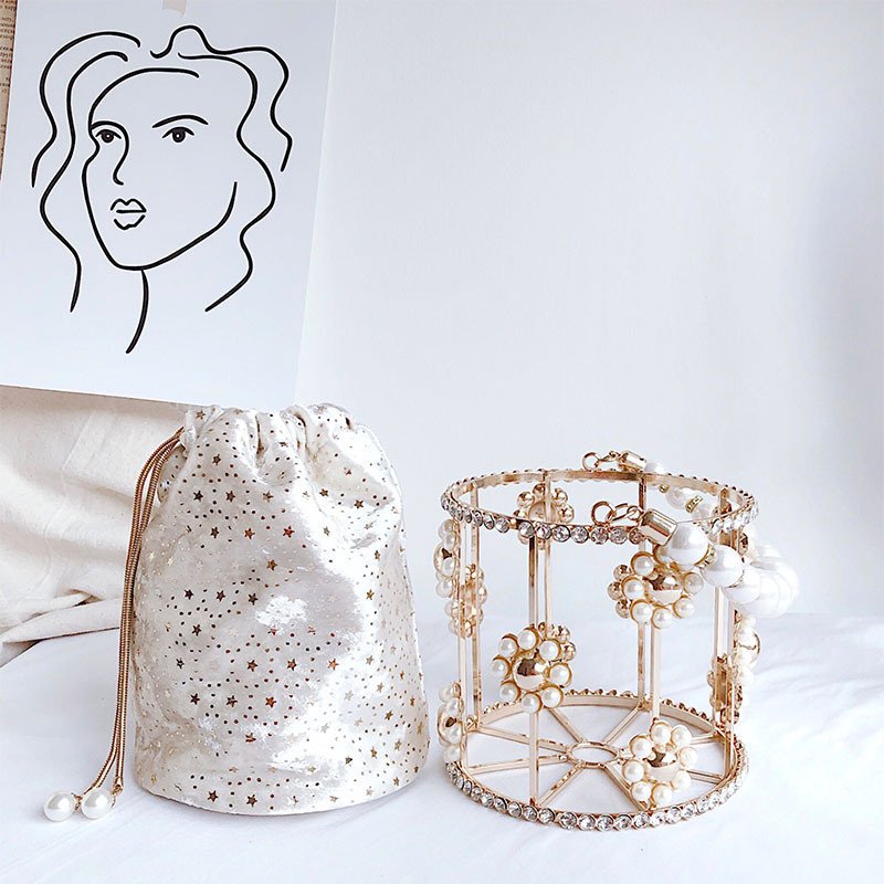 French Celebrity Cute Fairy Evening Bags Gold Metal Pearl Bag Diamond Party Beaded Evening Bag