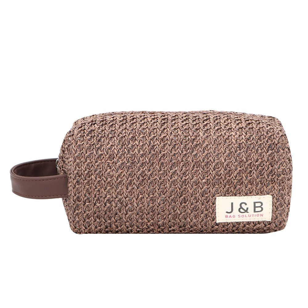 PU Leather Portable Straw Makeup Toiletry Wash Bag Factory OEM Travel Hollow Out Knitted Cosmetic Clutch Pouch Bag For Lady