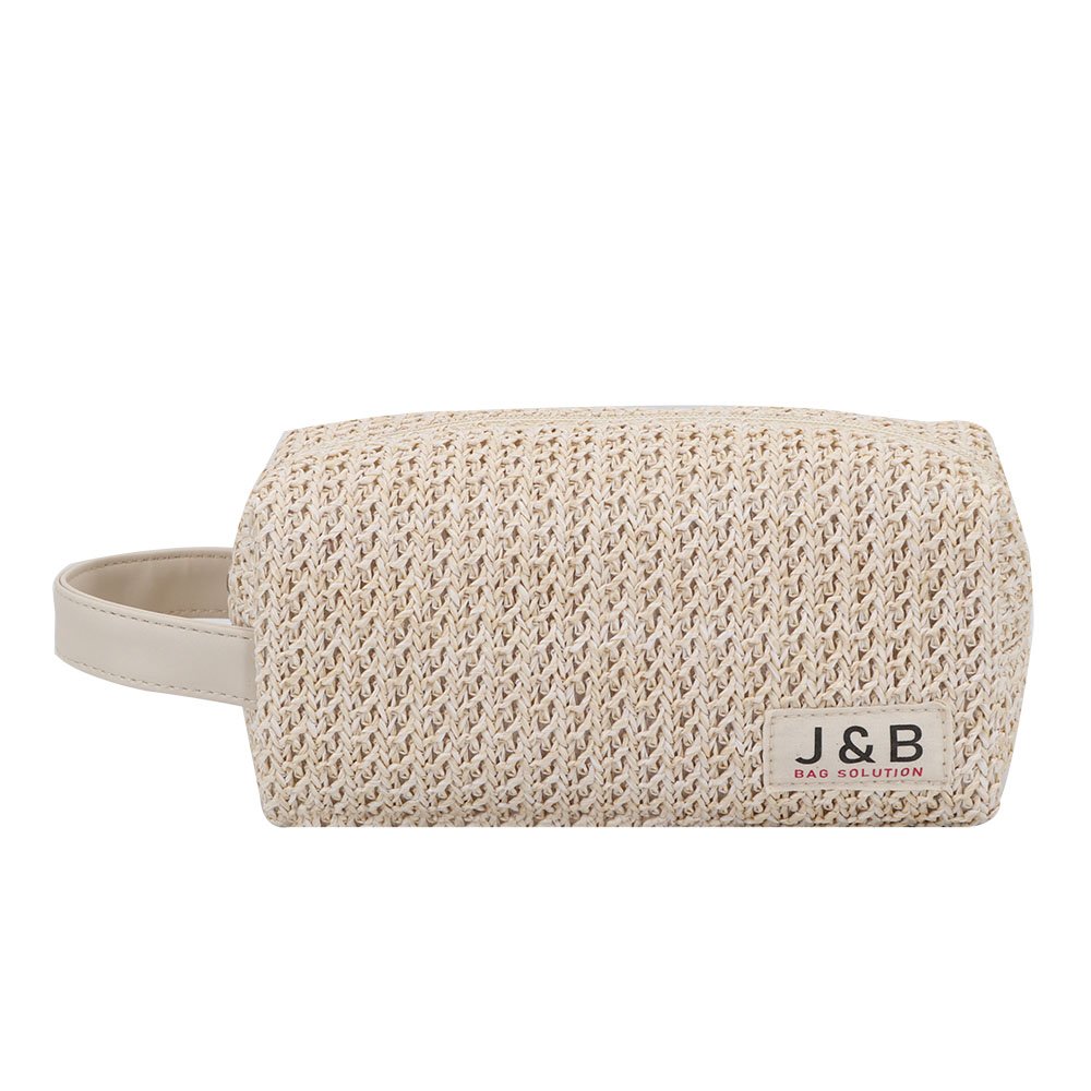PU Leather Portable Straw Makeup Toiletry Wash Bag Factory OEM Travel Hollow Out Knitted Cosmetic Clutch Pouch Bag For Lady