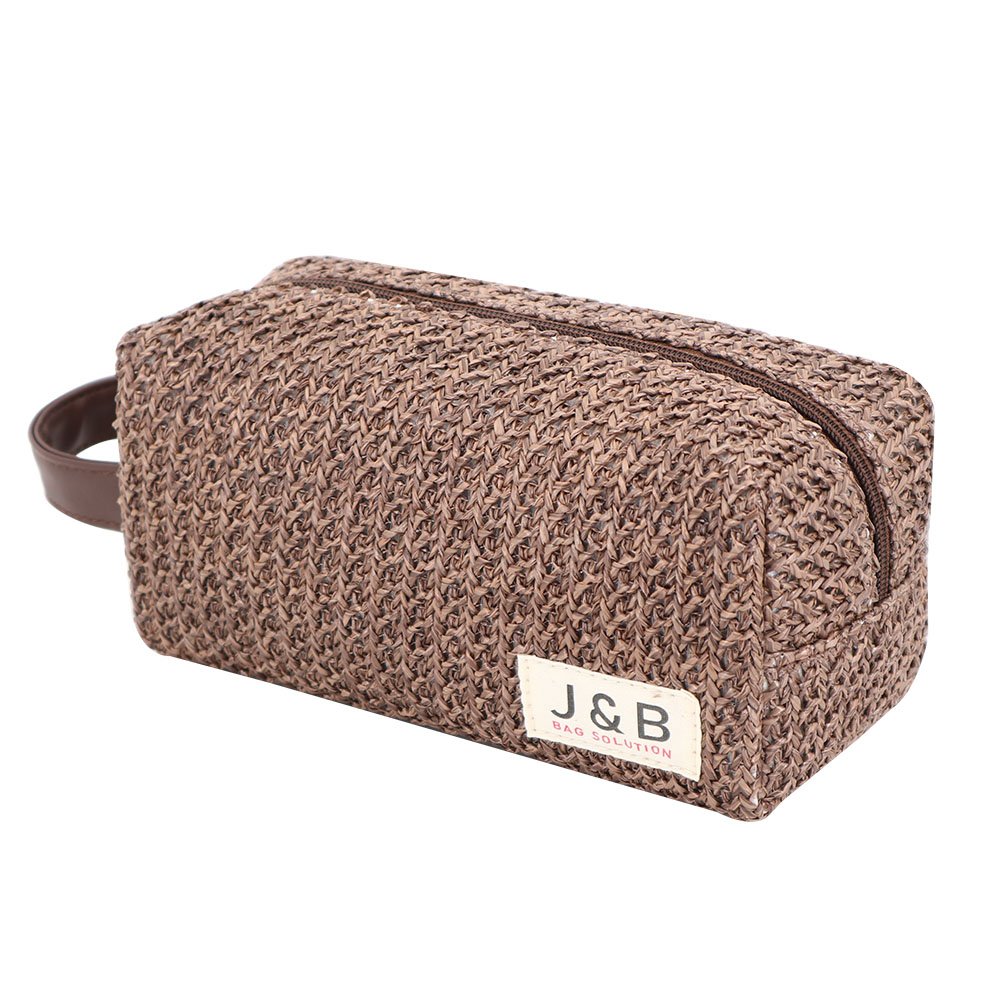 PU Leather Portable Straw Makeup Toiletry Wash Bag Factory OEM Travel Hollow Out Knitted Cosmetic Clutch Pouch Bag For Lady
