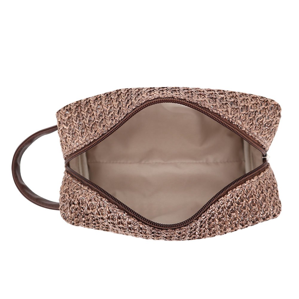 PU Leather Portable Straw Makeup Toiletry Wash Bag Factory OEM Travel Hollow Out Knitted Cosmetic Clutch Pouch Bag For Lady