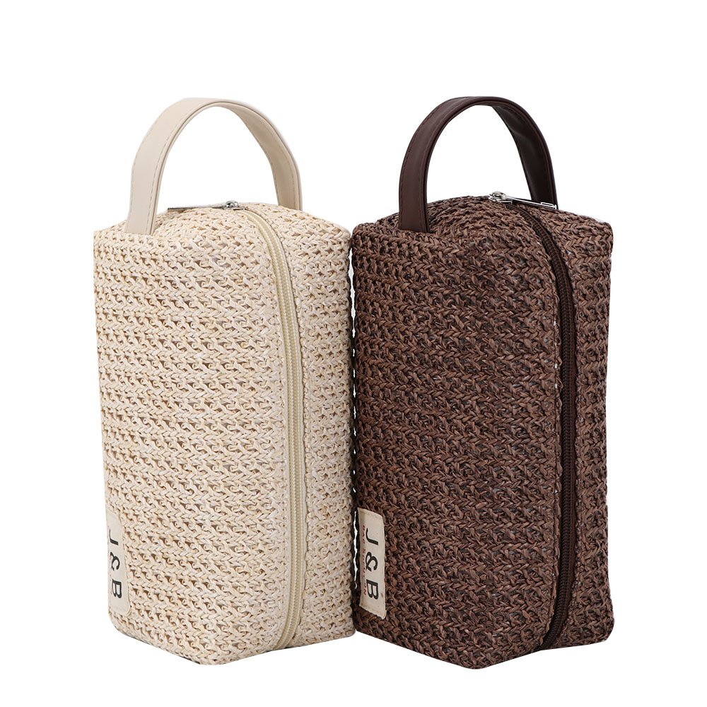PU Leather Portable Straw Makeup Toiletry Wash Bag Factory OEM Travel Hollow Out Knitted Cosmetic Clutch Pouch Bag For Lady