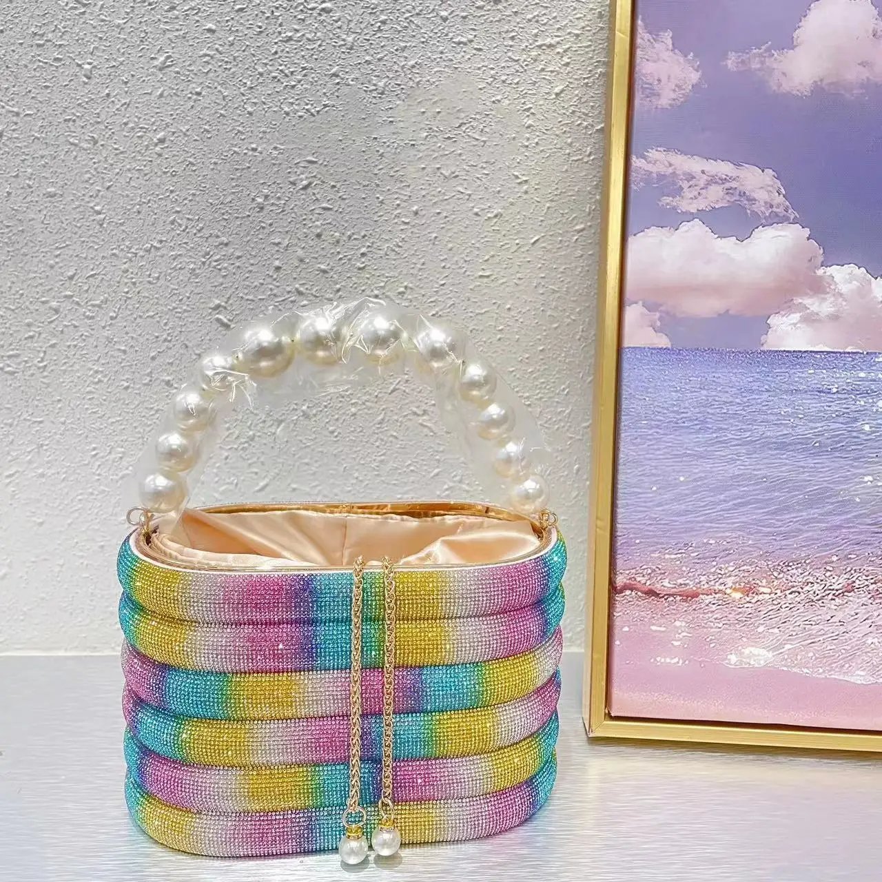 Glitter Shiny Rhinestone Handbags Women Pearl Beaded Top Handle Clutch Purses Diamond Evening Bags