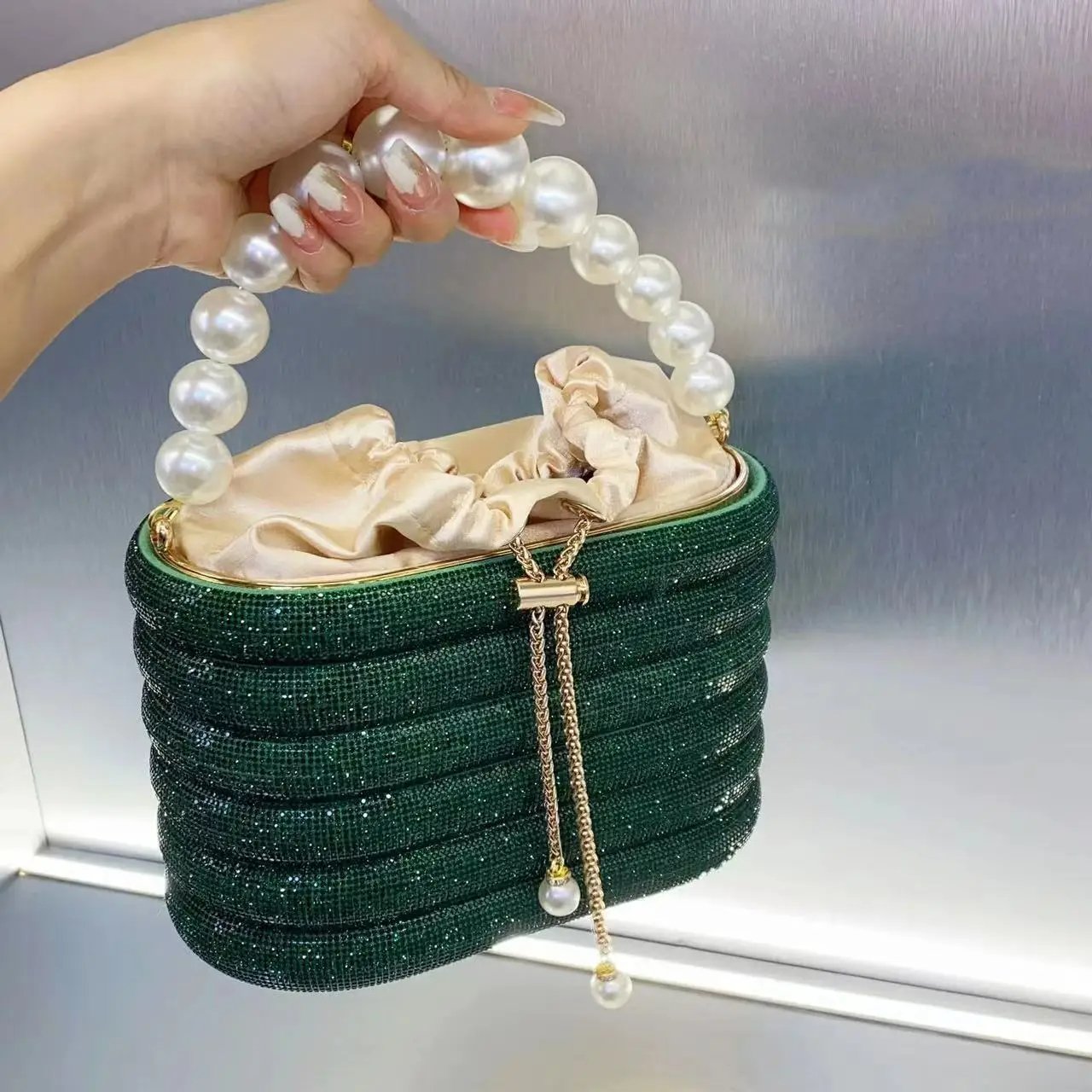 Glitter Shiny Rhinestone Handbags Women Pearl Beaded Top Handle Clutch Purses Diamond Evening Bags