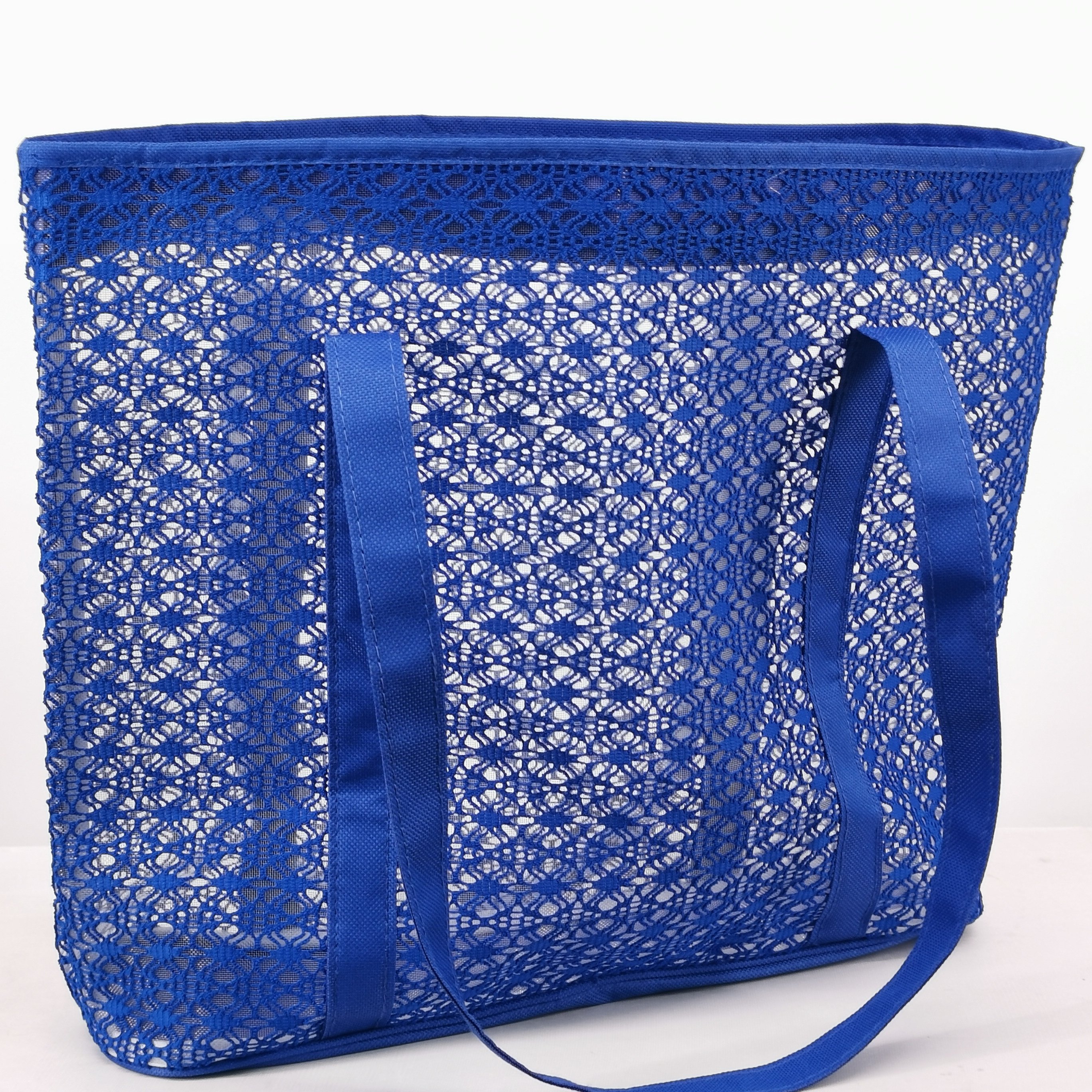 Large Outdoor Durable Nylon Mesh Shopping Tote Bag With Linen Lining Two Handles Thread Pattern Beach Carry Cover Closure Pocket