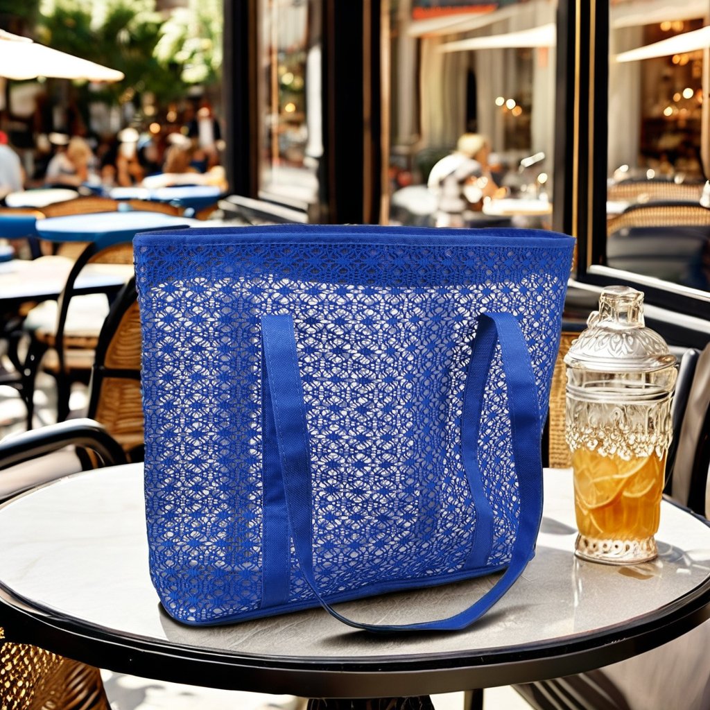 Large Outdoor Durable Nylon Mesh Shopping Tote Bag With Linen Lining Two Handles Thread Pattern Beach Carry Cover Closure Pocket