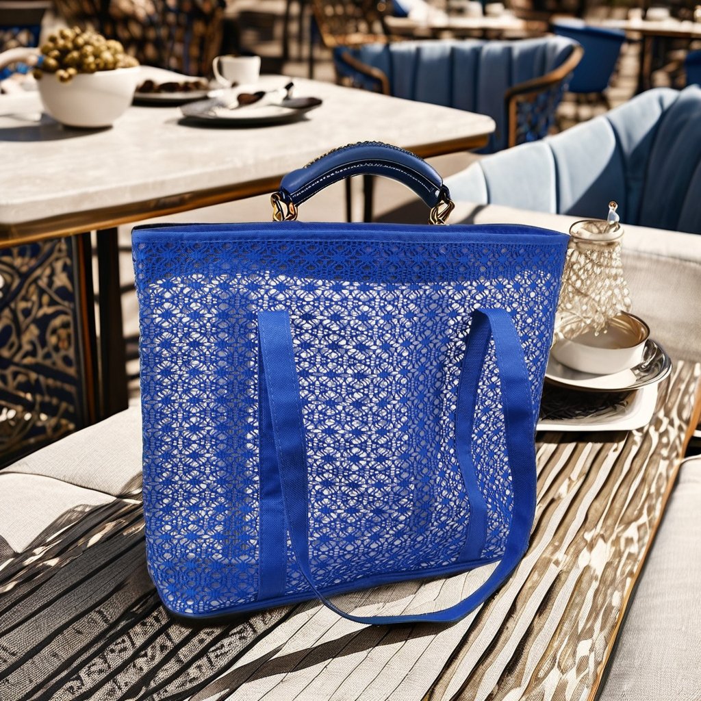 Large Outdoor Durable Nylon Mesh Shopping Tote Bag With Linen Lining Two Handles Thread Pattern Beach Carry Cover Closure Pocket