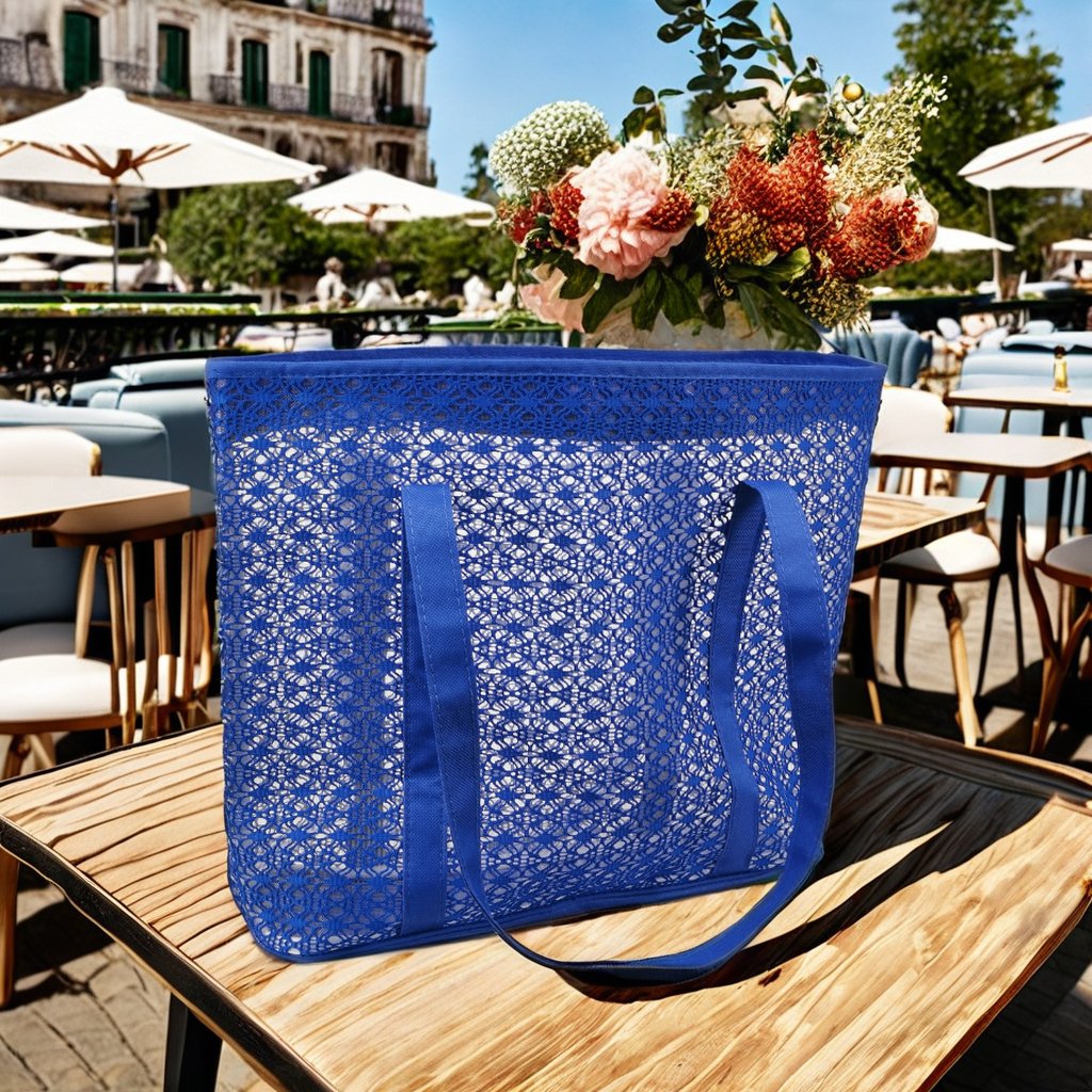 Large Outdoor Durable Nylon Mesh Shopping Tote Bag With Linen Lining Two Handles Thread Pattern Beach Carry Cover Closure Pocket