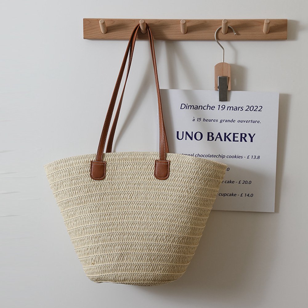 Large Capacity Tote PU Leather Handle Beige Minimalist Straw Bag Evening Bags Vacation Beach Bag