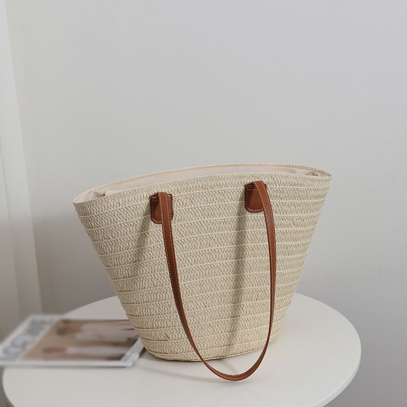 Large Capacity Tote PU Leather Handle Beige Minimalist Straw Bag Evening Bags Vacation Beach Bag