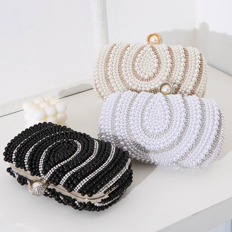 Vintage Ladies Pearl Evening Bag Handmade Beaded Handbag Diamond Banquet Wedding Clutch Purse