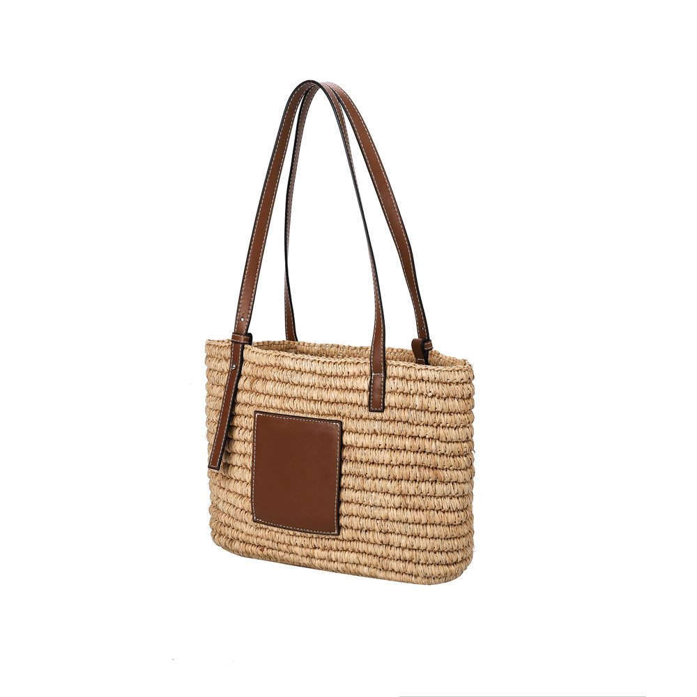 Handmade rattan bucket tote bag with PU handle large capacity straw tote bag