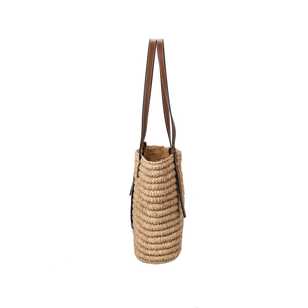 Handmade rattan bucket tote bag with PU handle large capacity straw tote bag